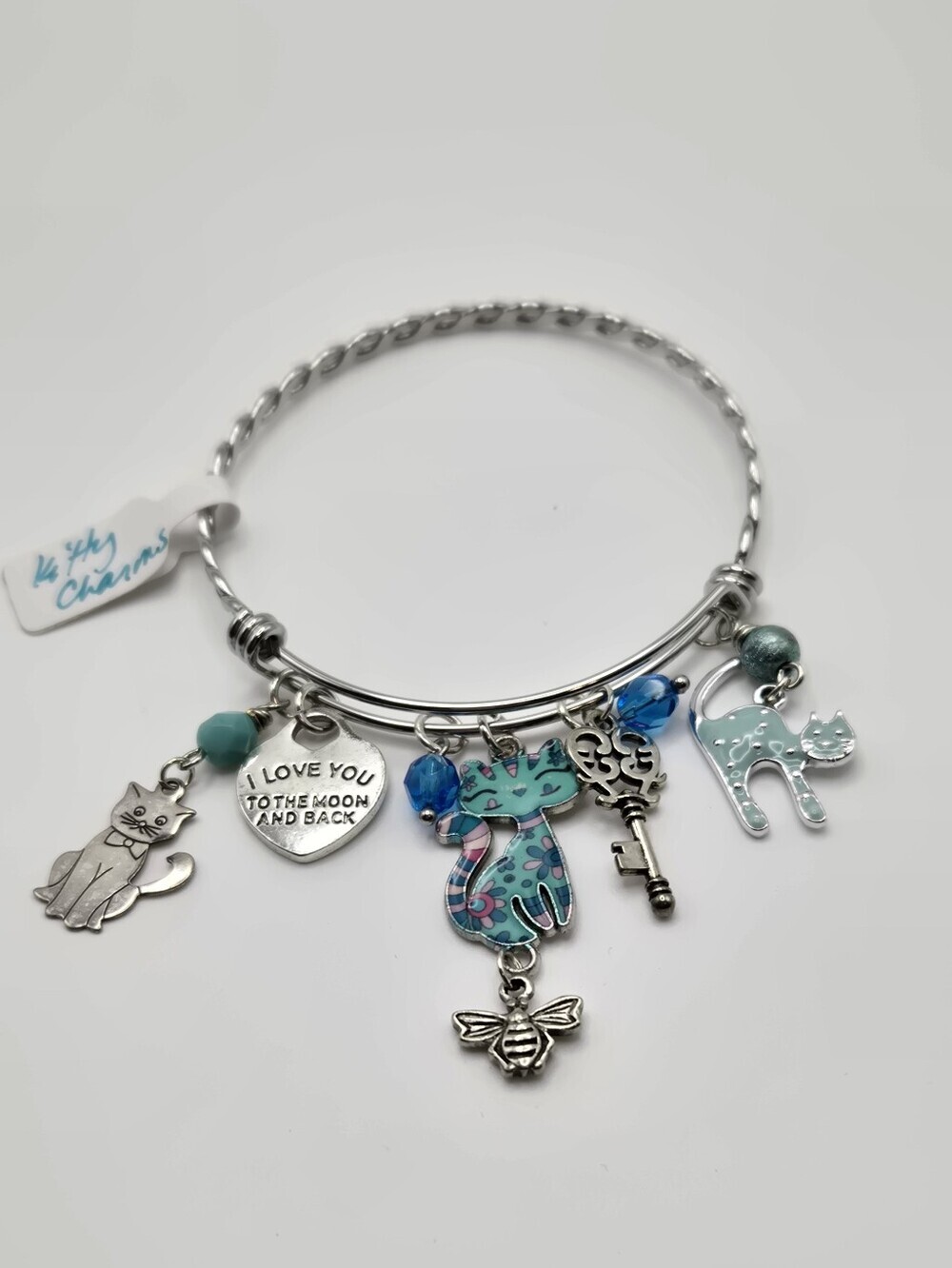 Kitty Charm Adjustable Bracelet In Shades Of Silver & Teal Cute Cats Fun
